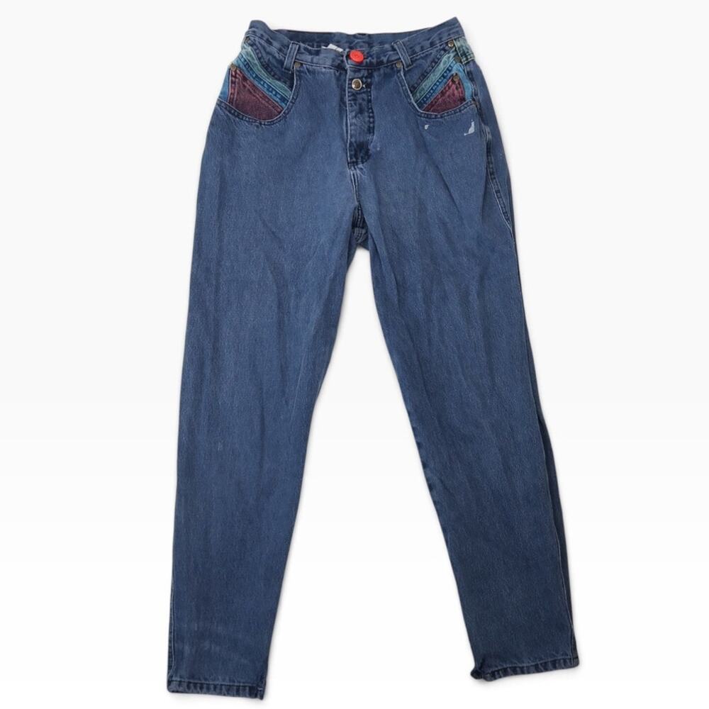 Vintage 90s Zena Dark Wash Blue Patchwork Pocket Mom Jeans 28"